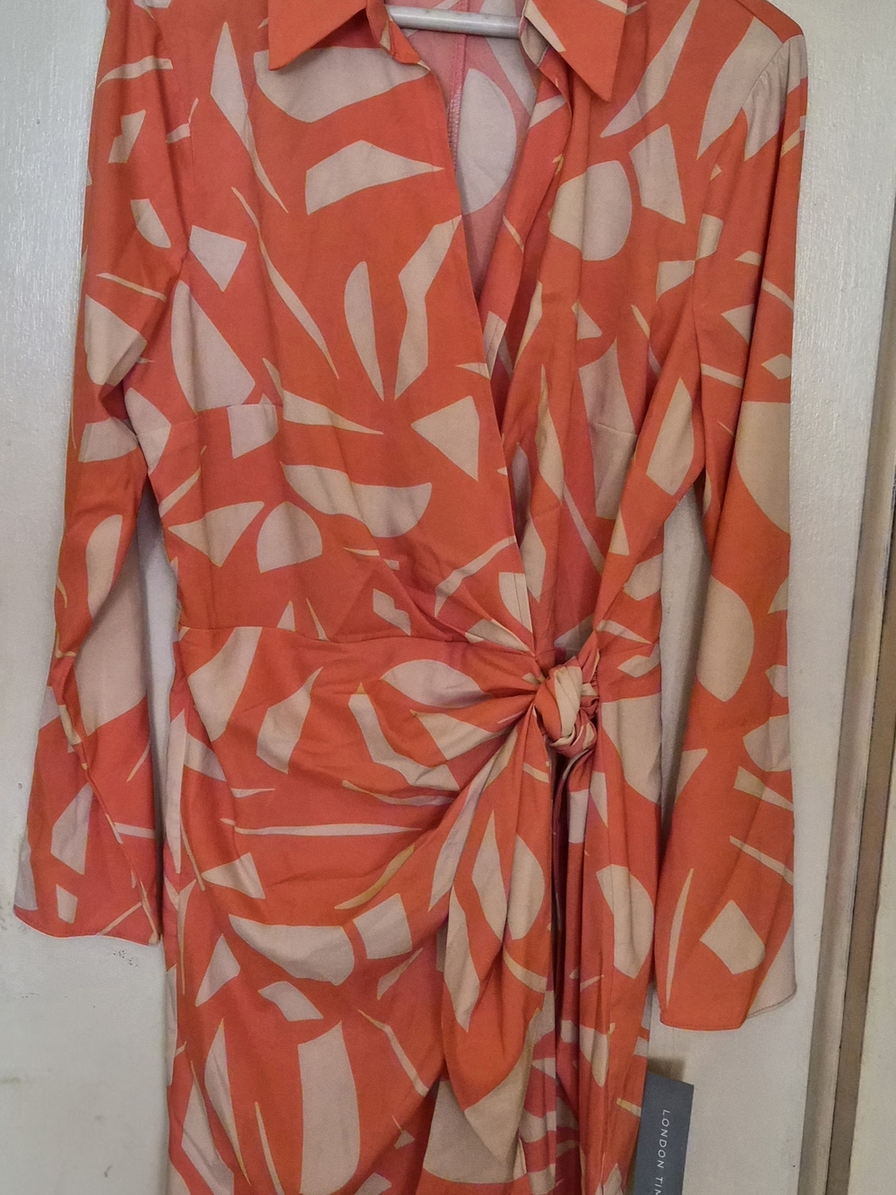 London Times Coral and Cream Abstract Asymmetrical Wrap Dress